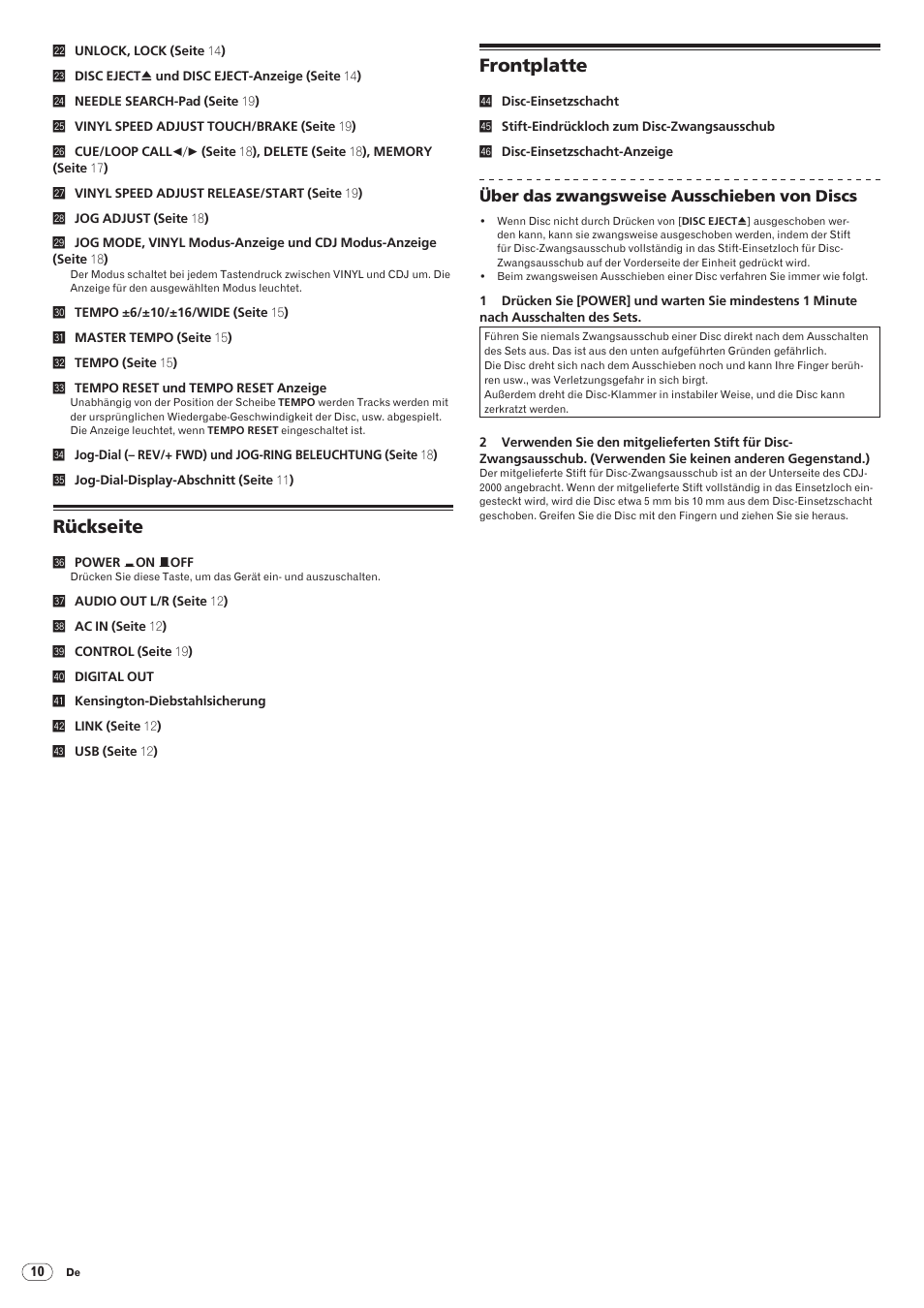 Rückseite frontplatte, Rückseite, Frontplatte | Pioneer CDJ-2000 User Manual | Page 68 / 209