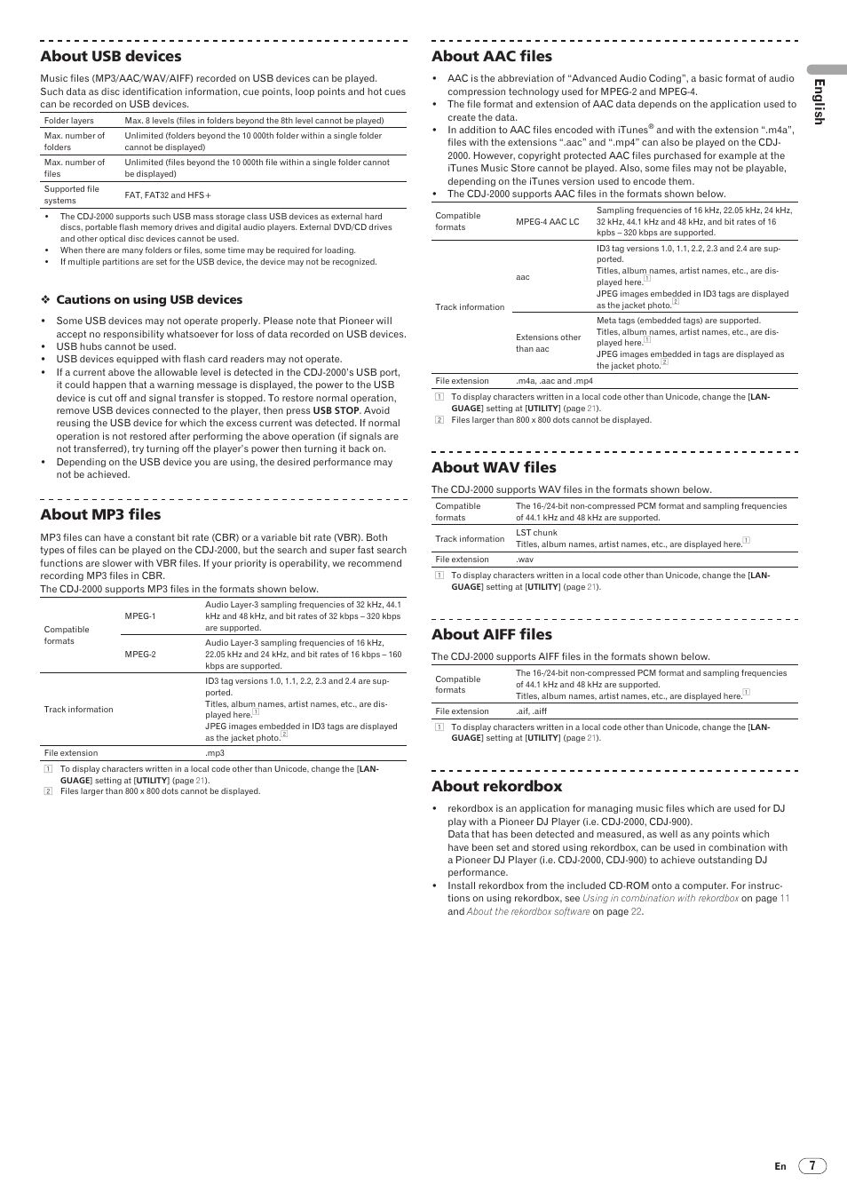 Drb1475-b, 7about usb devices, About mp3 files | About aac files, About wav files, About aiff files, About rekordbox, English | Pioneer CDJ-2000 User Manual | Page 7 / 209