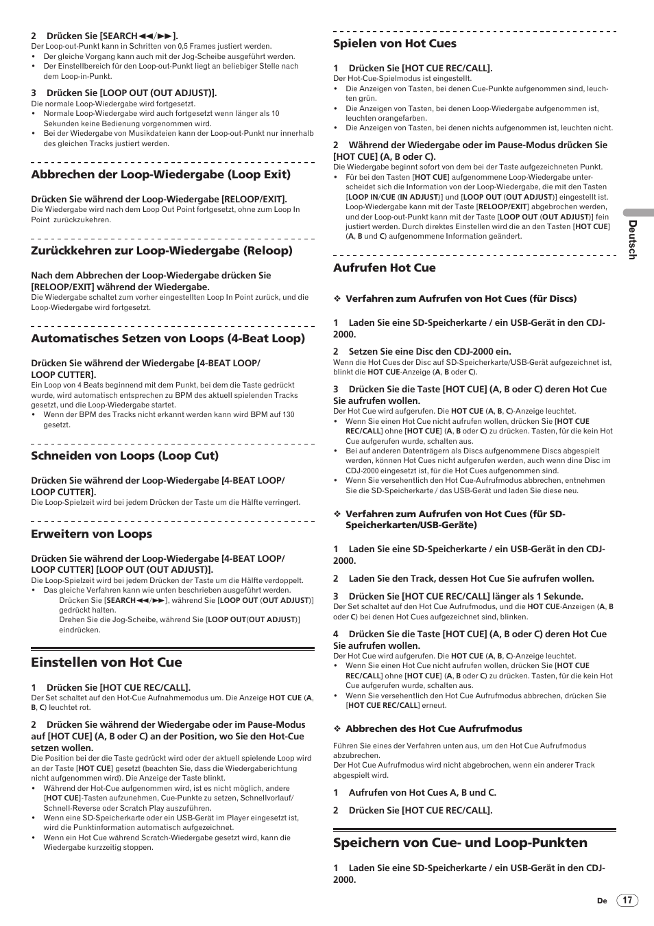 Einstellen von hot cue, Speichern von cue- und loop-punkten, Drb1475-b | Abbrechen der loop-wiedergabe (loop exit), Zurückkehren zur loop-wiedergabe (reloop), Automatisches setzen von loops (4-beat loop), Schneiden von loops (loop cut), Erweitern von loops, Spielen von hot cues, Aufrufen hot cue | Pioneer CDJ-2000 User Manual | Page 75 / 209