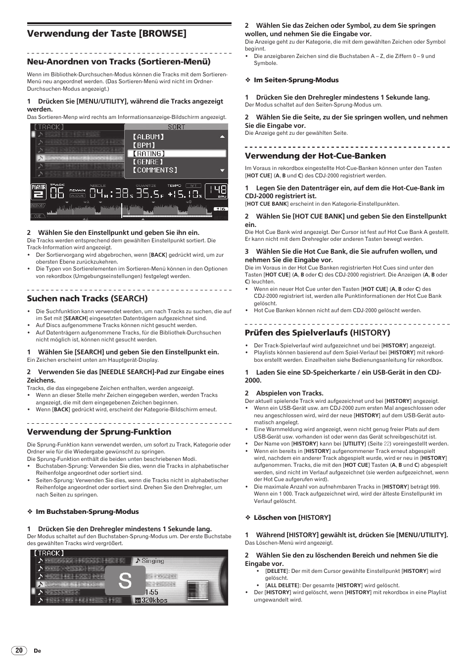 Verwendung der taste [browse, Drb1475-b, Neu-anordnen von tracks (sortieren-menü) | Suchen nach tracks (search), Verwendung der sprung-funktion, Verwendung der hot-cue-banken, Prüfen des spielverlaufs (history) | Pioneer CDJ-2000 User Manual | Page 78 / 209