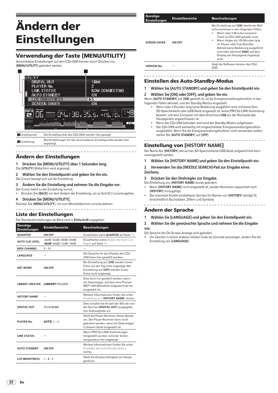 Ändern der einstellungen, Verwendung der taste [menu/utility, Drb1475-b | Liste der einstellungen, Einstellen des auto-standby-modus, Einstellung von [history name, Ändern der sprache | Pioneer CDJ-2000 User Manual | Page 80 / 209