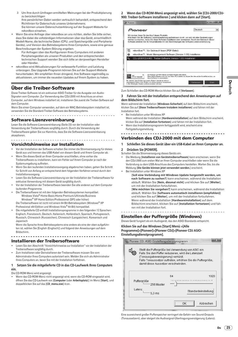 Über die treiber-software, Drb1475-b, Software-lizenzvereinbarung | Vorsichtshinweise zur installation, Installieren der treibersoftware, Verbinden des cdj-2000 mit dem computer, Einstellen der puffergröße (windows) | Pioneer CDJ-2000 User Manual | Page 83 / 209