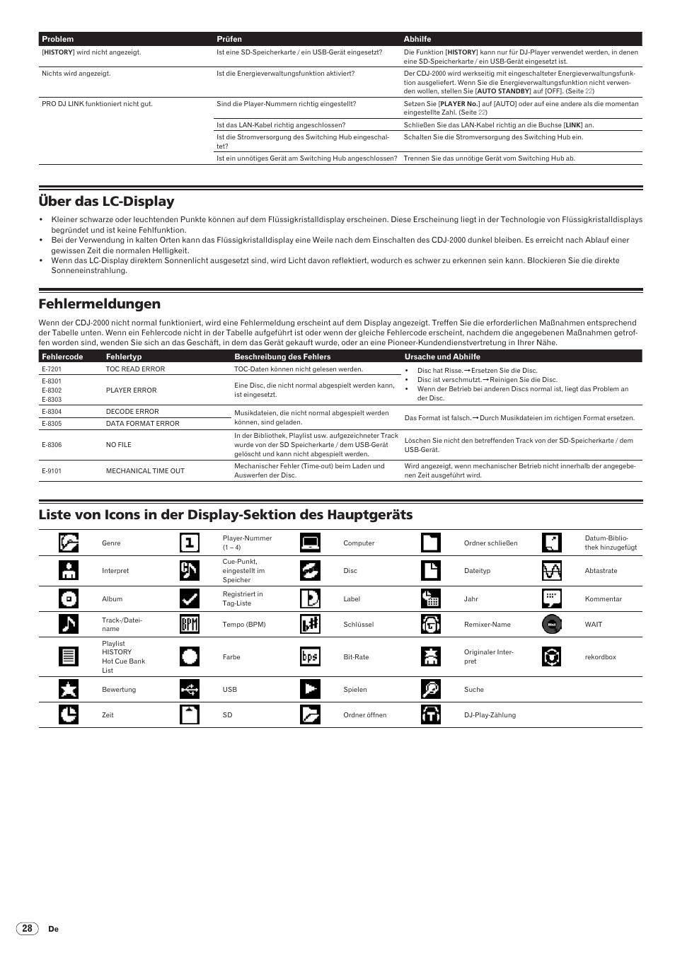 Über das lc-display, Fehlermeldungen, Drb1475-b | Pioneer CDJ-2000 User Manual | Page 86 / 209