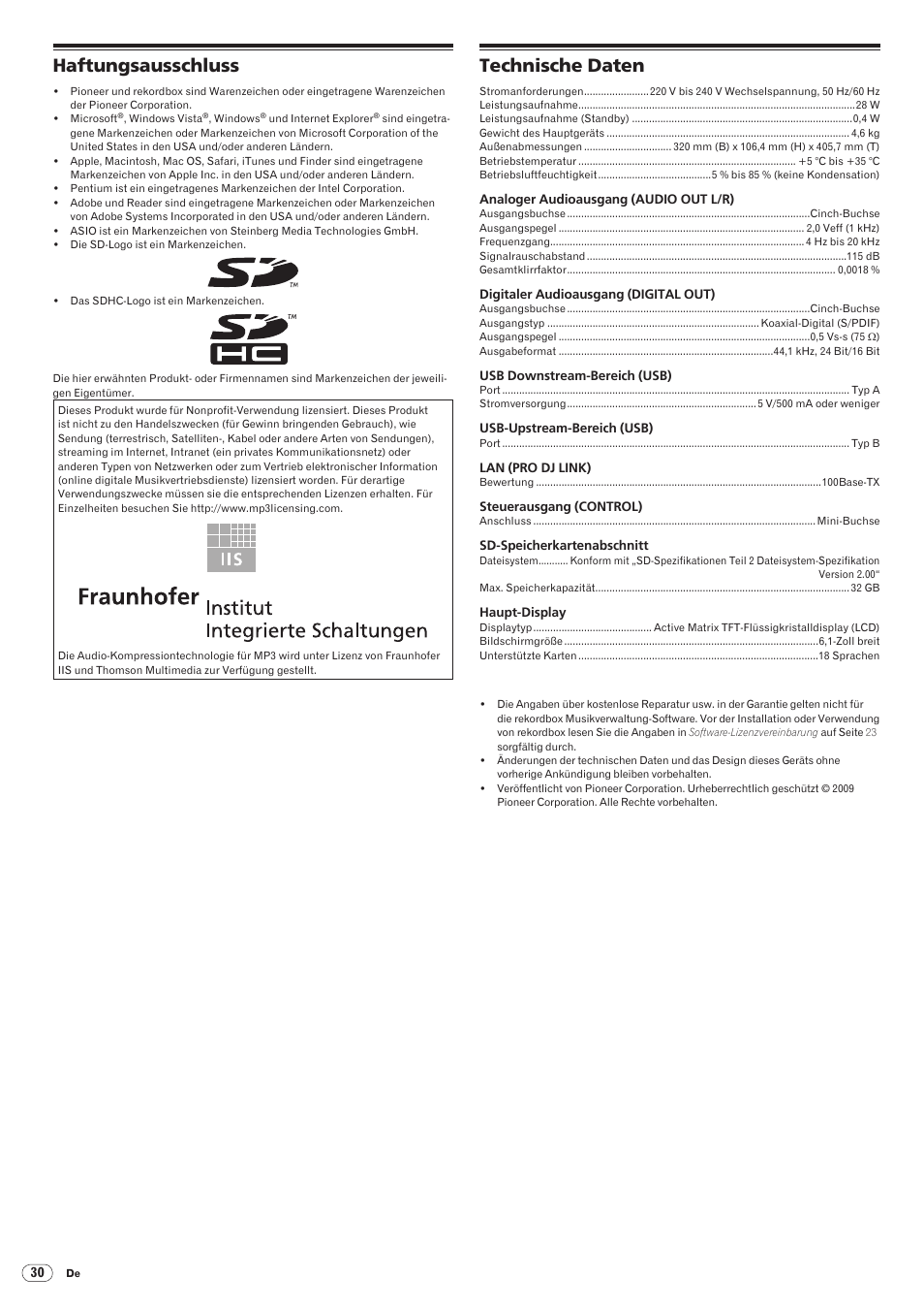 Haftungsausschluss technische daten, Haftungsausschluss, Technische daten | Drb1475-b | Pioneer CDJ-2000 User Manual | Page 88 / 209