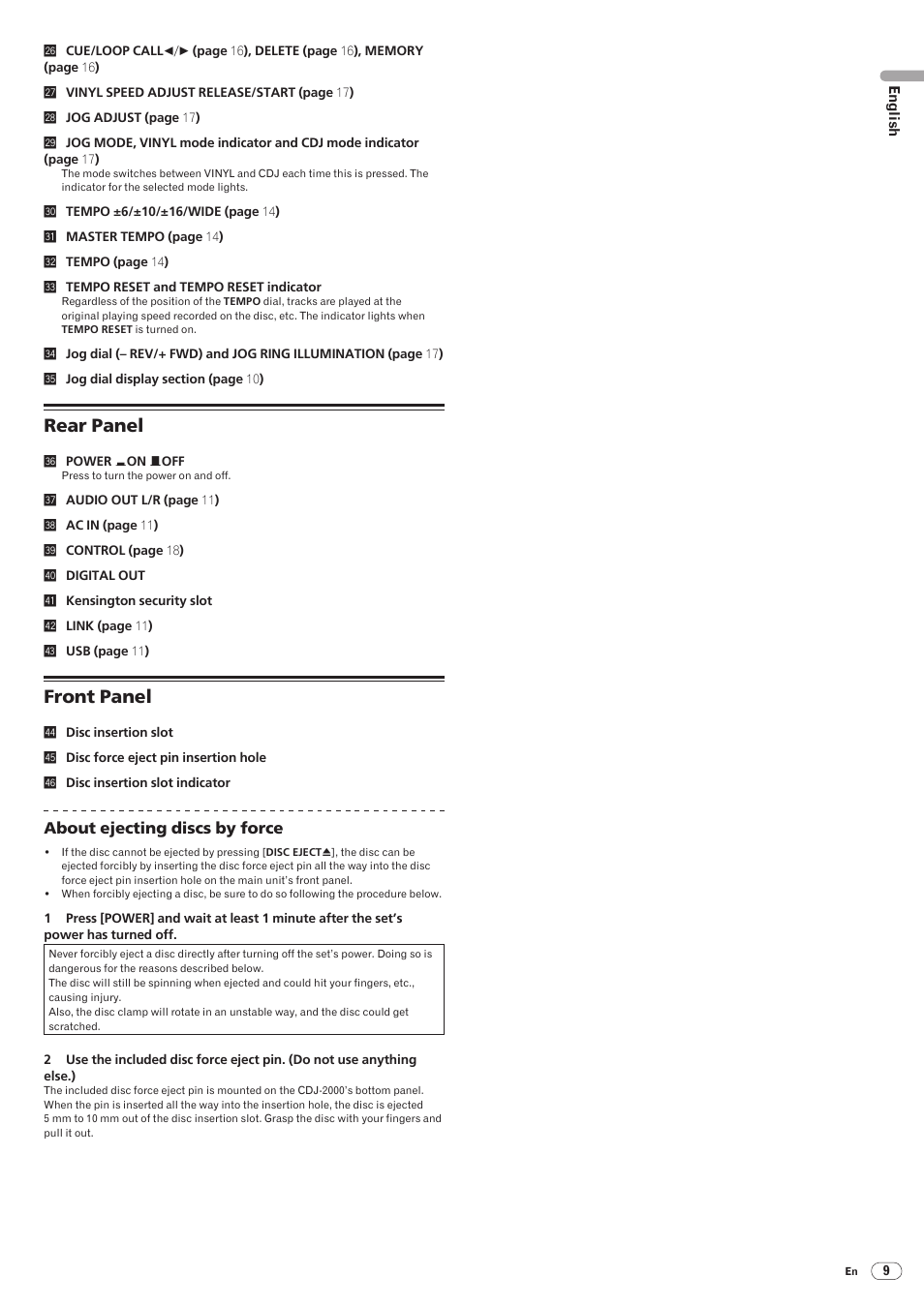 Rear panel front panel, Rear panel, Front panel | Pioneer CDJ-2000 User Manual | Page 9 / 209