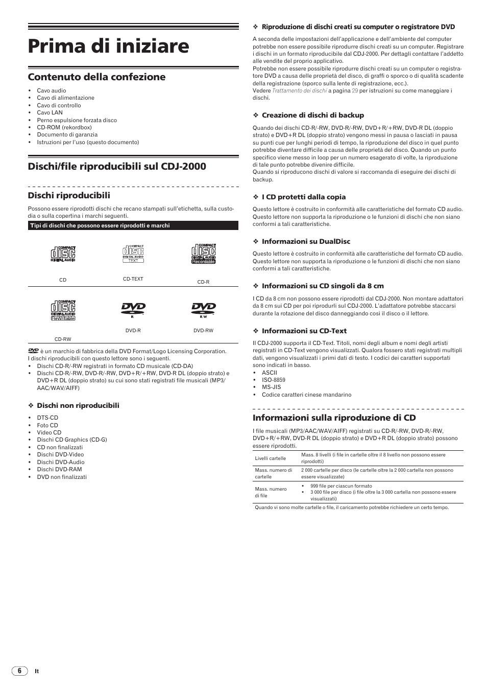 Prima di iniziare, Contenuto della confezione dischi, File riproducibili sul cdj-2000 | Contenuto della confezione, Dischi/ file riproducibili sul cdj-2000, Drb1475-b, Dischi riproducibili, Informazioni sulla riproduzione di cd | Pioneer CDJ-2000 User Manual | Page 94 / 209