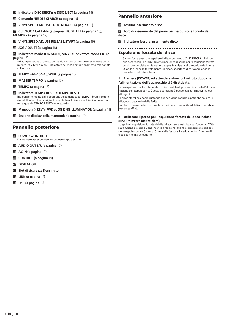 Pannello posteriore pannello anteriore, Pannello posteriore, Pannello anteriore | Pioneer CDJ-2000 User Manual | Page 98 / 209