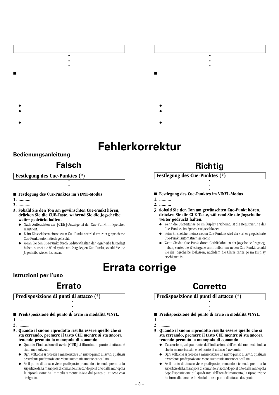 Fehlerkorrektur, Falsch, Festlegung des cue-punktes (*) | Errato, Errata corrige, Predisposizione di punti di attacco (*), Richtig, Corretto | Pioneer CDJ-800 User Manual | Page 3 / 4