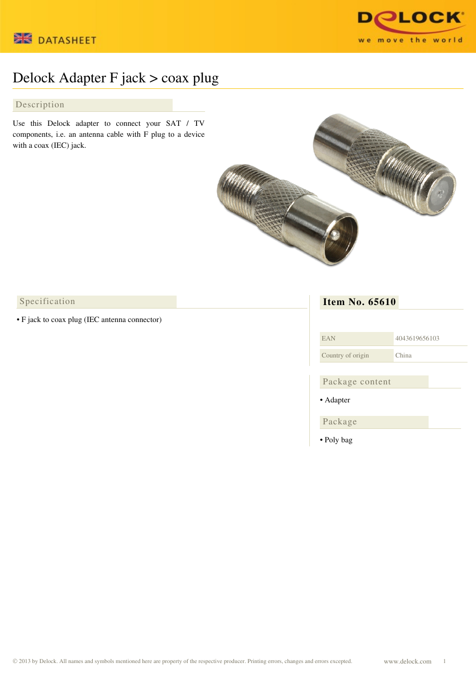 DeLOCK 65610 User Manual | 1 page