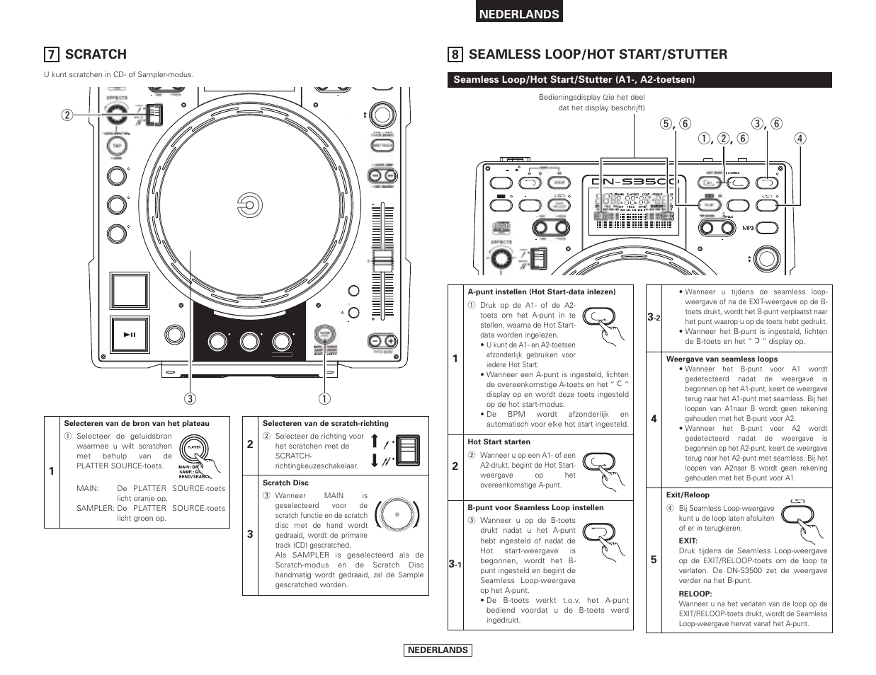 Seamless loop/hot start/stutter, Scratch, Q , w , y r t , y e , y | Qw e, Nederlands, Seamless loop/hot start/stutter (a1-, a2-toetsen) | Denon DN-S3500 User Manual | Page 105 / 134