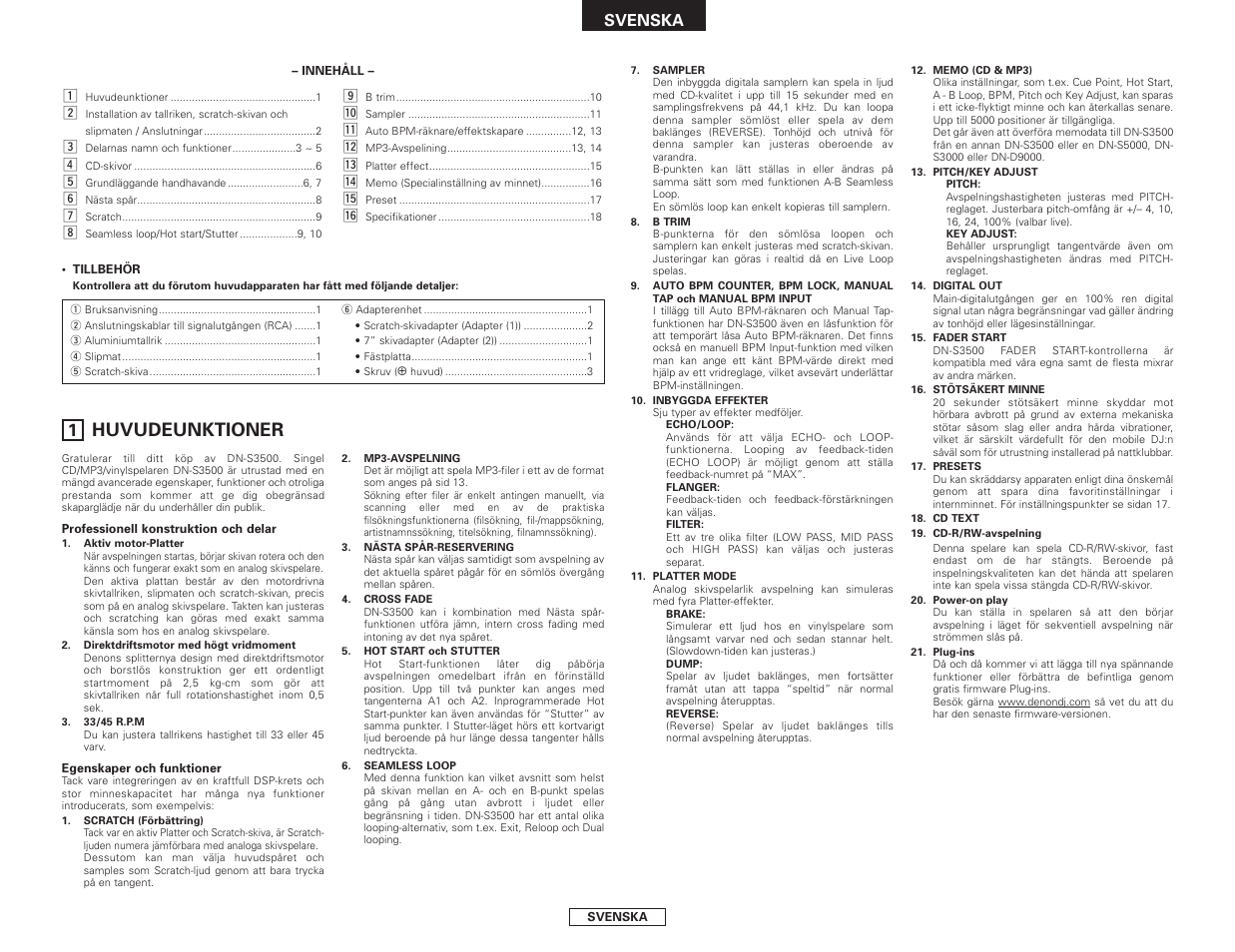 Huvudeunktioner | Denon DN-S3500 User Manual | Page 115 / 134