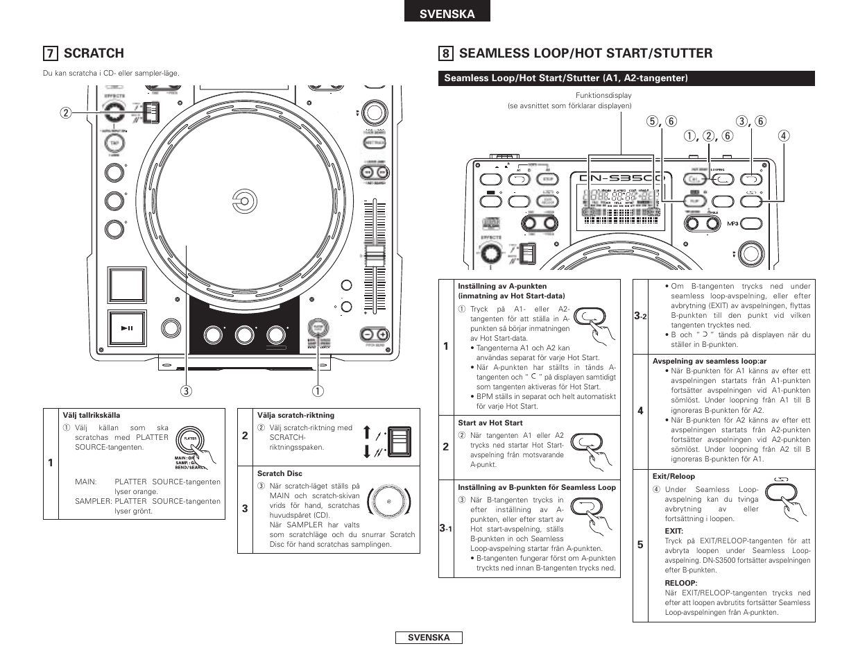 Seamless loop/hot start/stutter, Scratch, Q , w , y r t , y e , y | Qw e, Svenska, Seamless loop/hot start/stutter (a1, a2-tangenter) | Denon DN-S3500 User Manual | Page 123 / 134