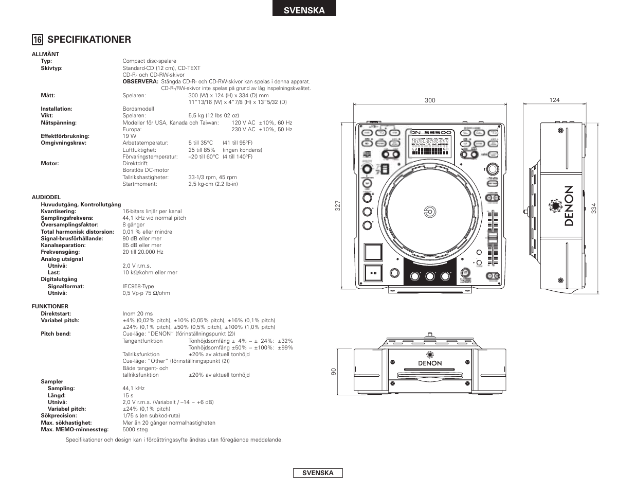 Specifikationer, Eject disc, Svenska | Denon DN-S3500 User Manual | Page 132 / 134