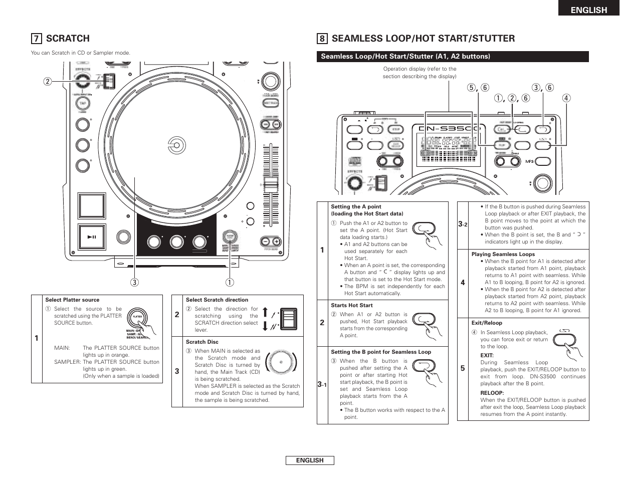 Seamless loop/hot start/stutter, Scratch, Q , w , y r t , y e , y | Qw e, English, Seamless loop/hot start/stutter (a1, a2 buttons) | Denon DN-S3500 User Manual | Page 15 / 134