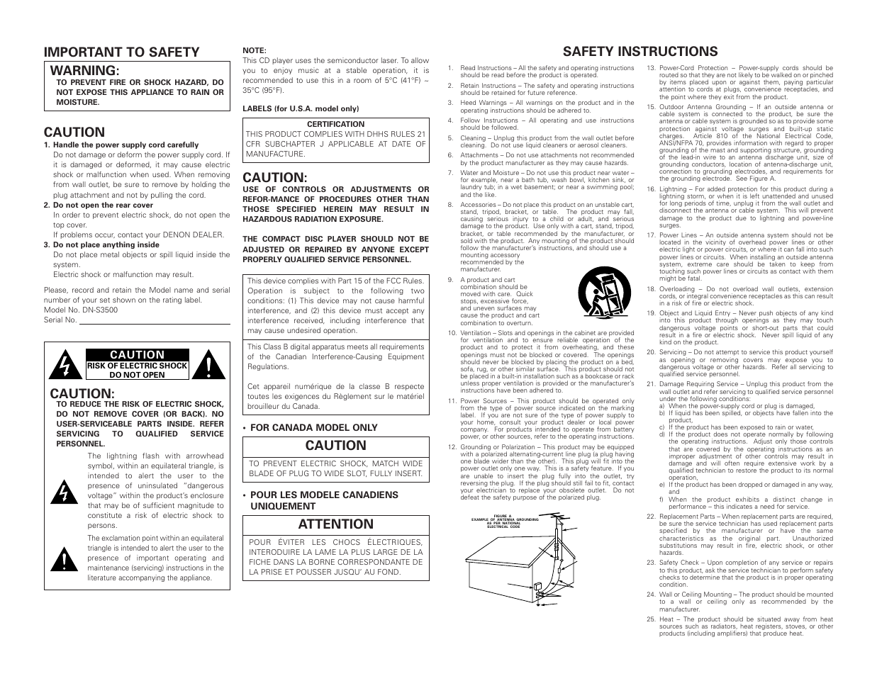 Safety instructions, Important to safety warning, Attention | Caution | Denon DN-S3500 User Manual | Page 2 / 134