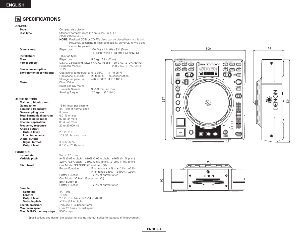 Specifications, Eject disc, English | Denon DN-S3500 User Manual | Page 24 / 134