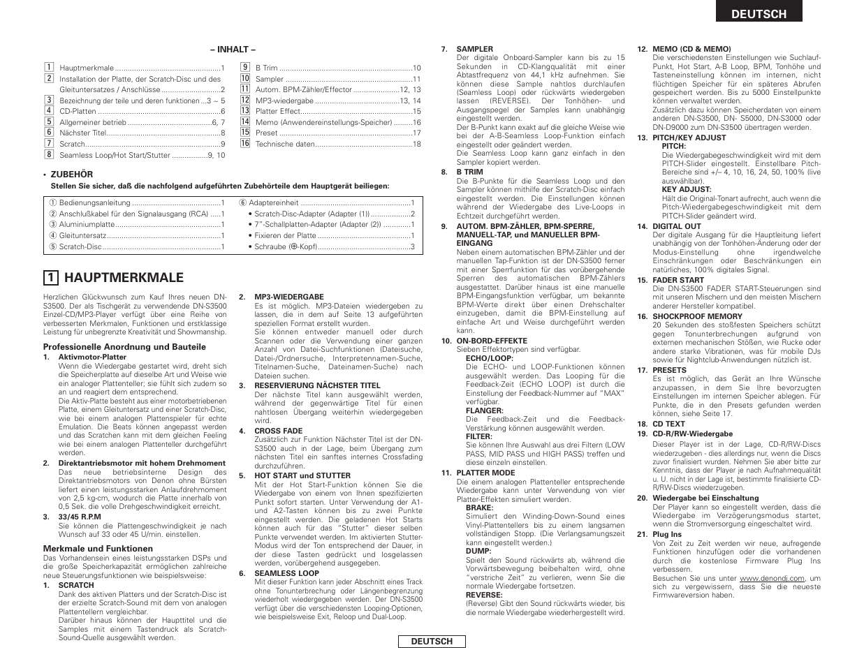 Hauptmerkmale | Denon DN-S3500 User Manual | Page 25 / 134