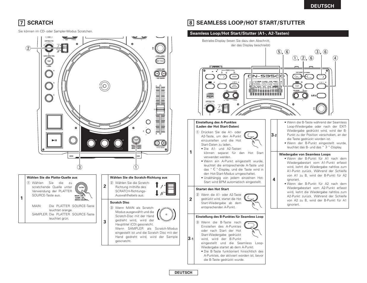 Seamless loop/hot start/stutter, Scratch, Q , w , y r t , y e , y | Qw e, Deutsch, Seamless loop/hot start/stutter (a1-, a2-tasten) | Denon DN-S3500 User Manual | Page 33 / 134