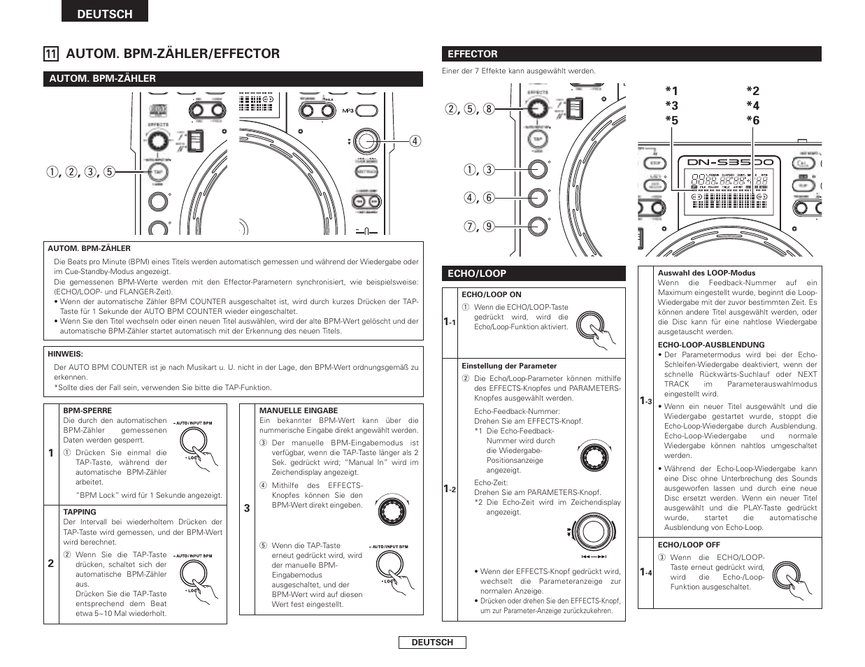 Autom. bpm-zähler/effector, Q , w , e , t, Q , e r , y u , o w , t , i | Deutsch | Denon DN-S3500 User Manual | Page 36 / 134