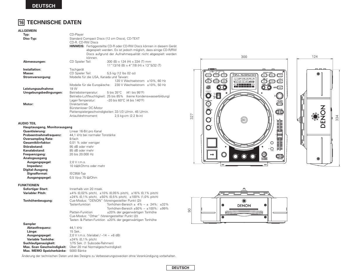 Technische daten, Eject disc, Deutsch | Denon DN-S3500 User Manual | Page 42 / 134