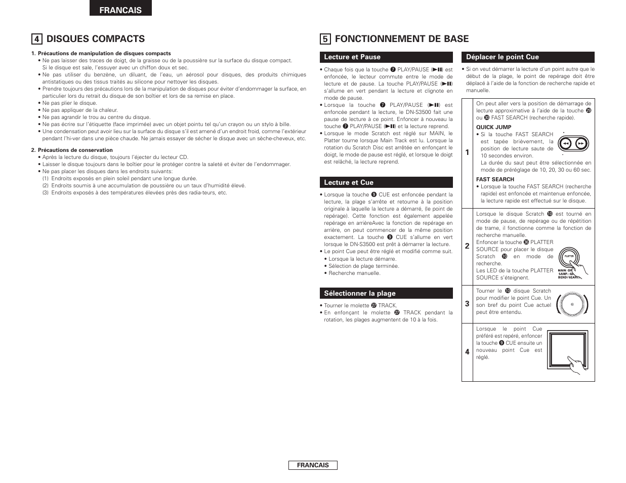 Fonctionnement de base, Disques compacts, Francais | Denon DN-S3500 User Manual | Page 48 / 134