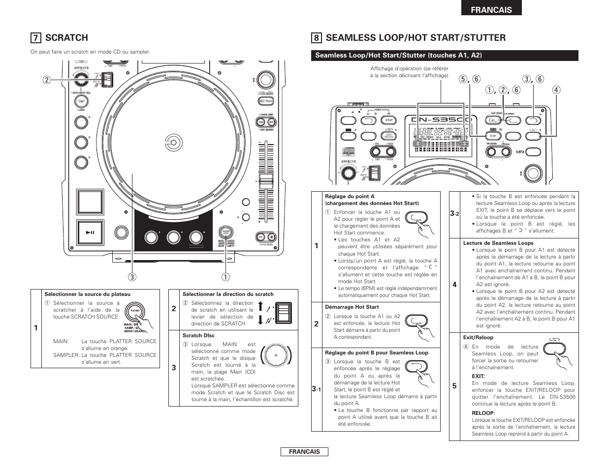 Seamless loop/hot start/stutter, Scratch, Q , w , y r t , y e , y | Qw e, Francais, Seamless loop/hot start/stutter (touches a1, a2) | Denon DN-S3500 User Manual | Page 51 / 134