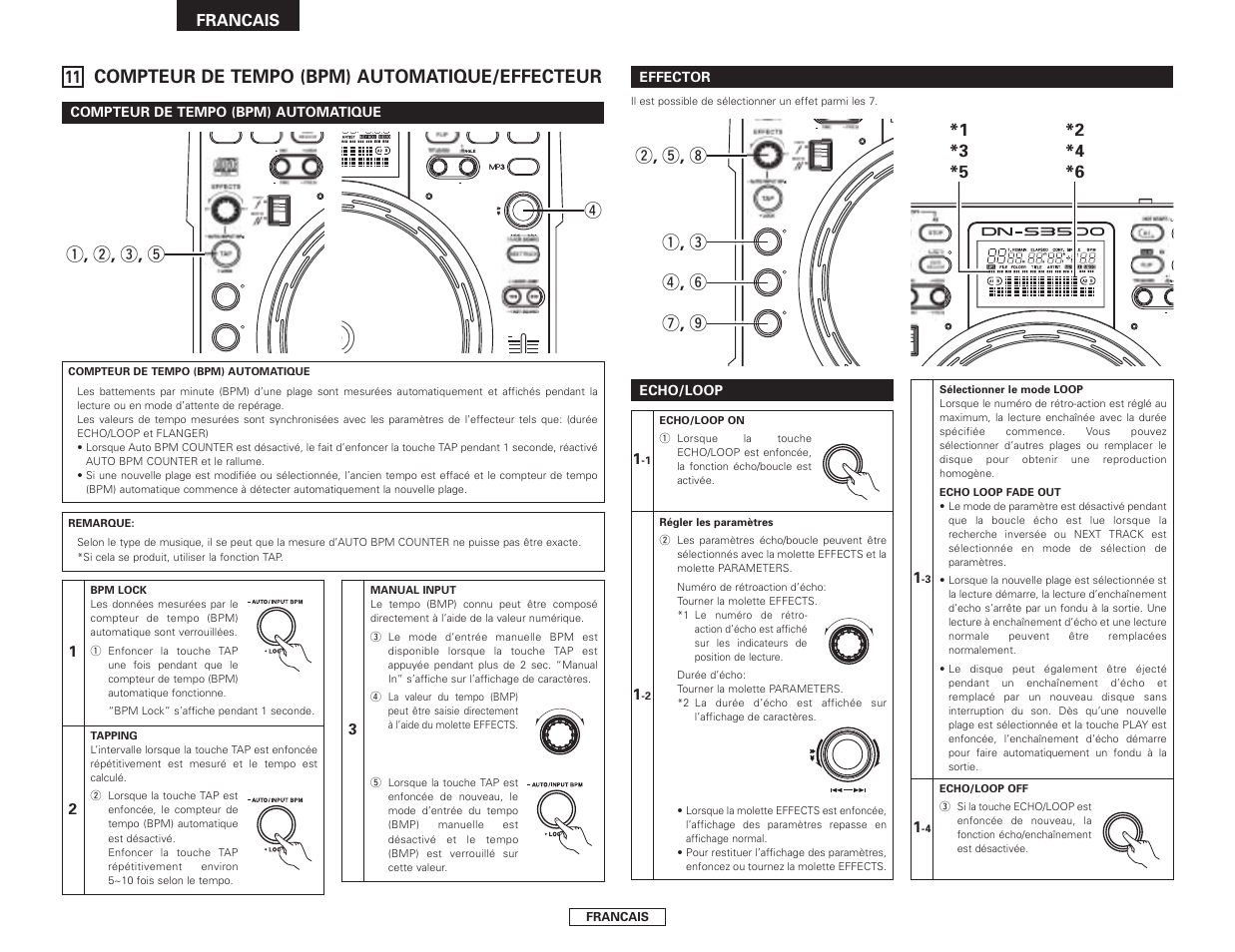 Compteur de tempo (bpm) automatique/effecteur, Q , w , e , t, Q , e r , y u , o w , t , i | Francais | Denon DN-S3500 User Manual | Page 54 / 134