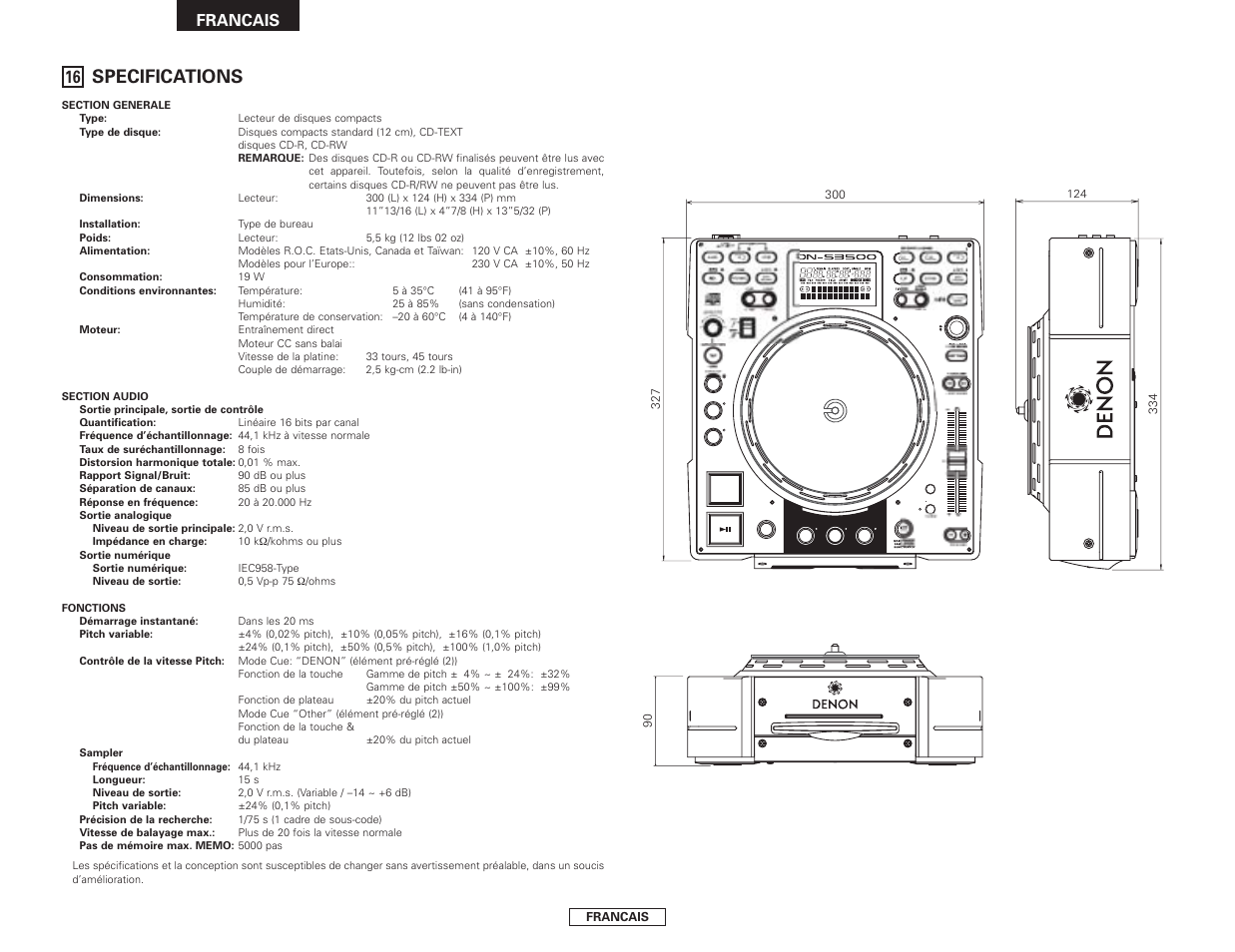 Specifications, Eject disc, Francais | Denon DN-S3500 User Manual | Page 60 / 134
