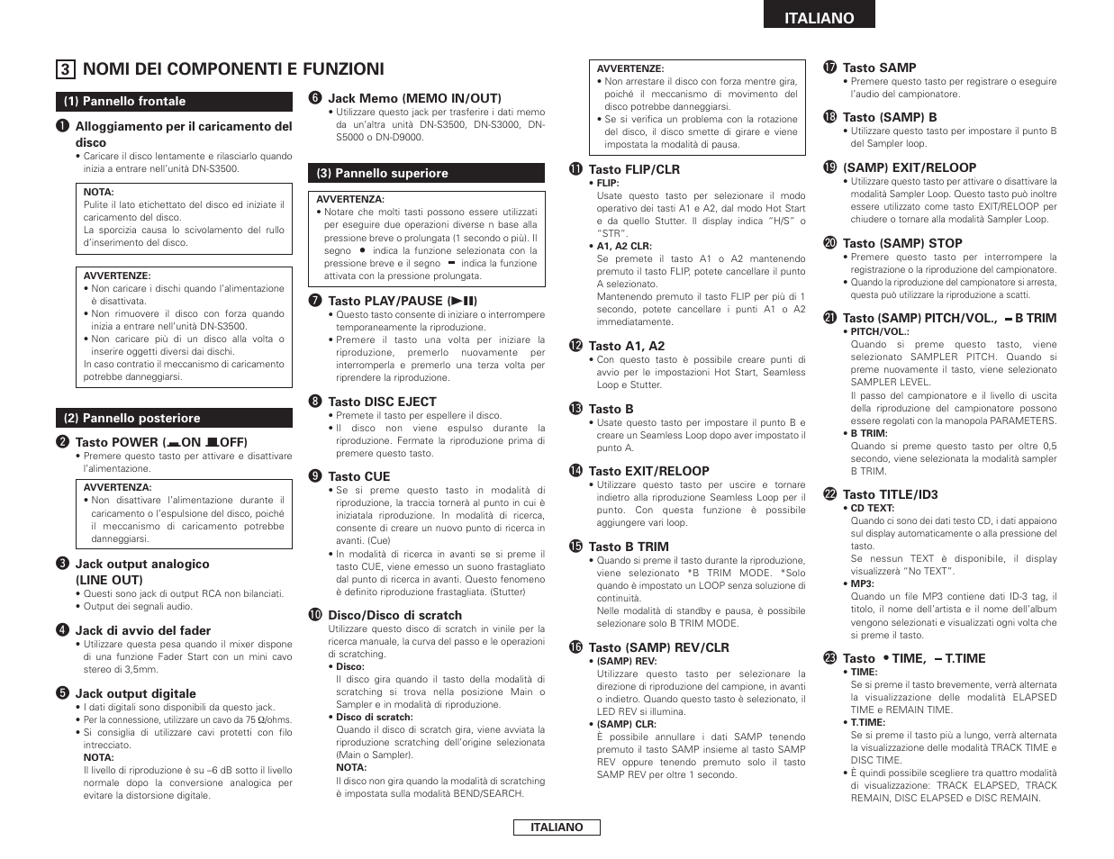 Nomi dei componenti e funzioni | Denon DN-S3500 User Manual | Page 63 / 134
