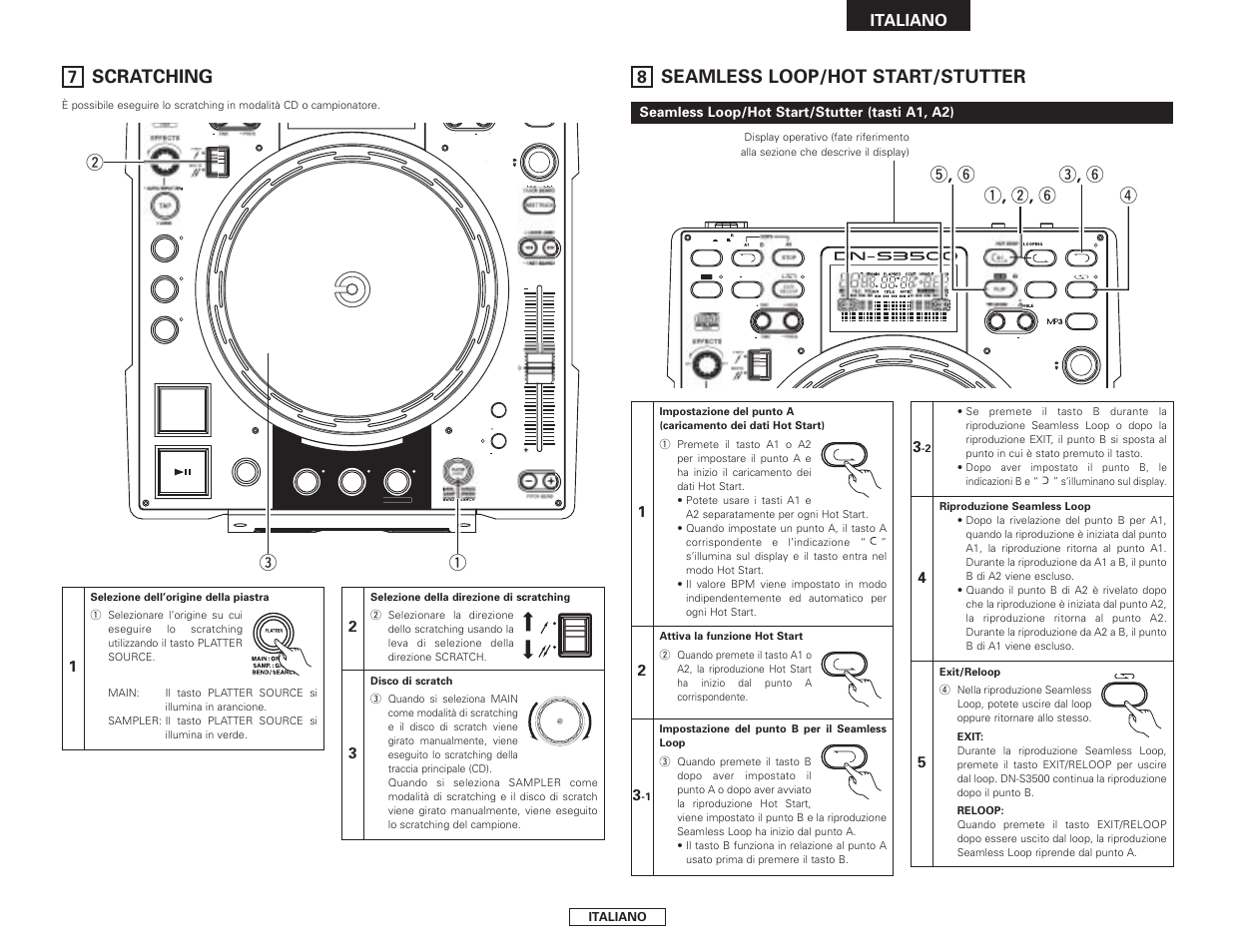 Seamless loop/hot start/stutter, Scratching, Q , w , y r t , y e , y | Qw e, Italiano, Seamless loop/hot start/stutter (tasti a1, a2) | Denon DN-S3500 User Manual | Page 69 / 134