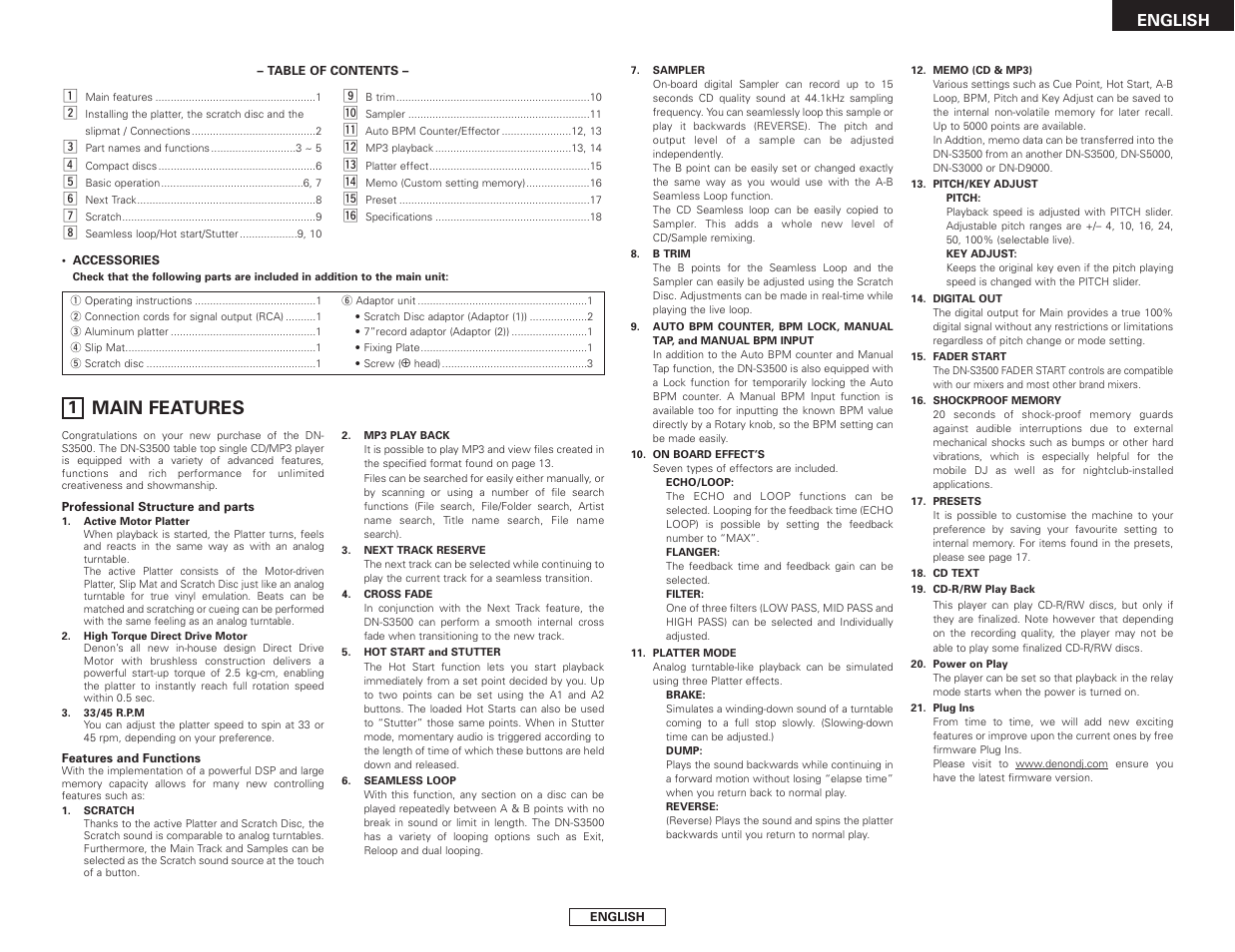Main features | Denon DN-S3500 User Manual | Page 7 / 134
