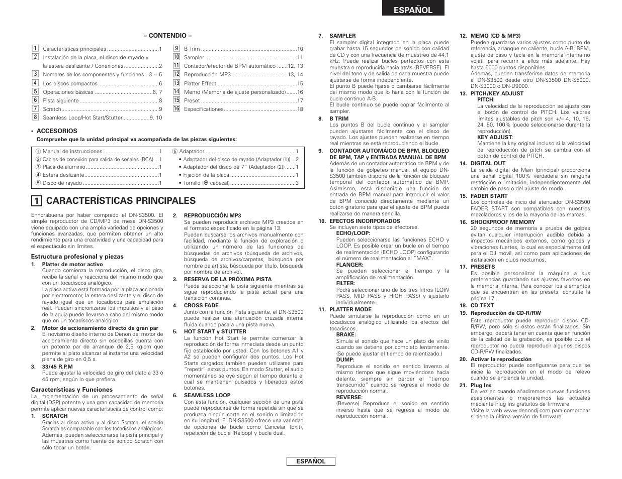 Características principales | Denon DN-S3500 User Manual | Page 79 / 134