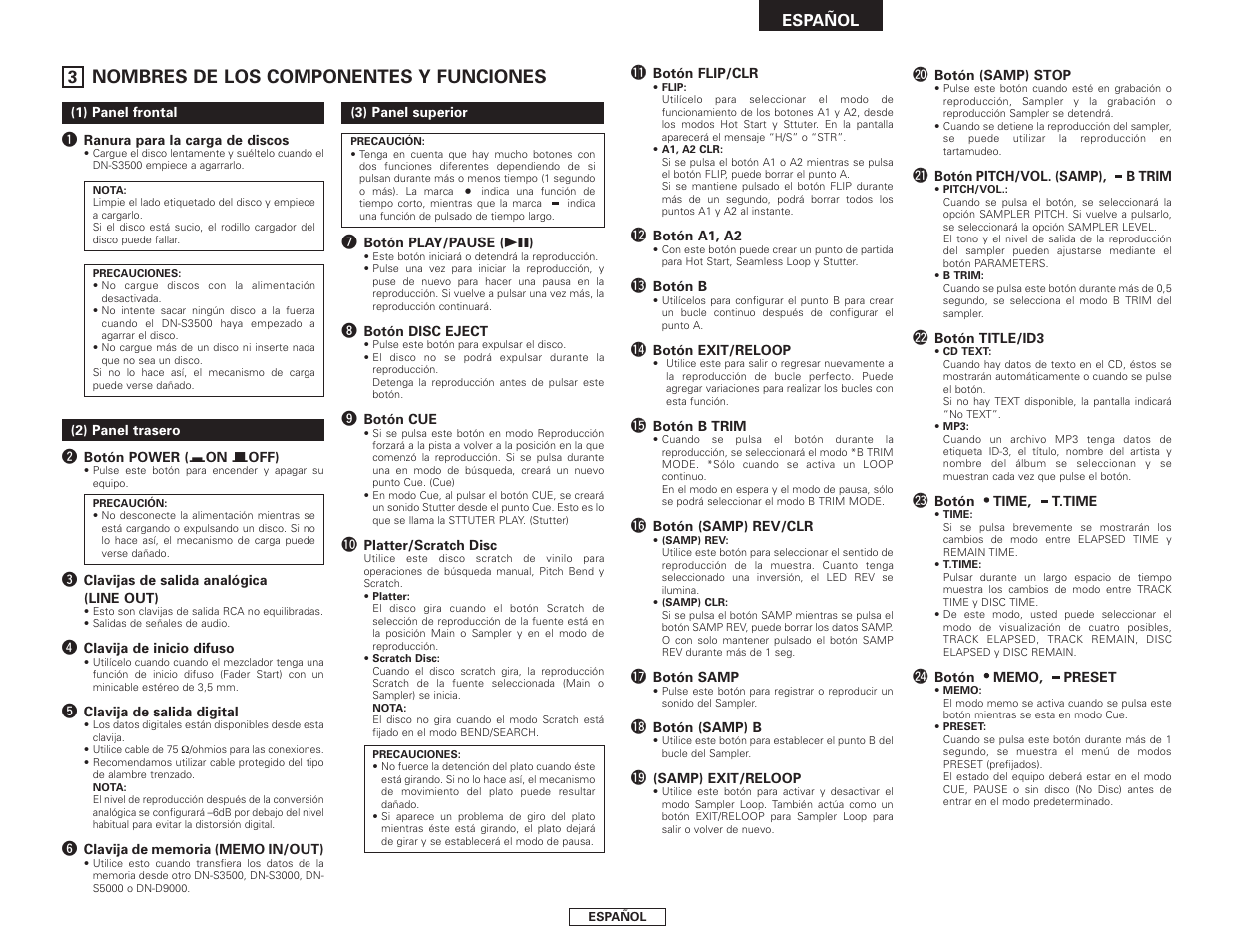 Nombres de los componentes y funciones | Denon DN-S3500 User Manual | Page 81 / 134