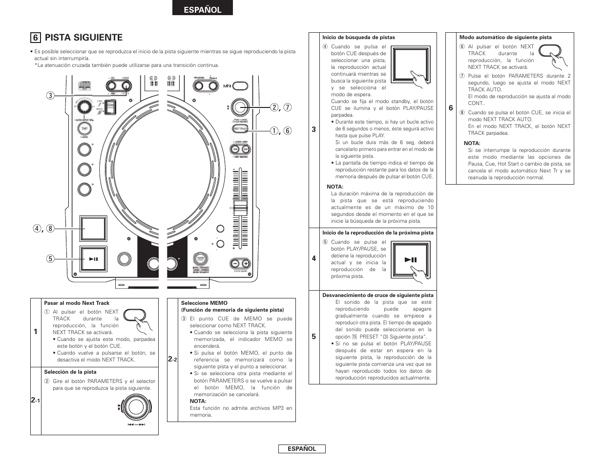 Pista siguiente, R , i t e, Q , y w , u | Español | Denon DN-S3500 User Manual | Page 86 / 134