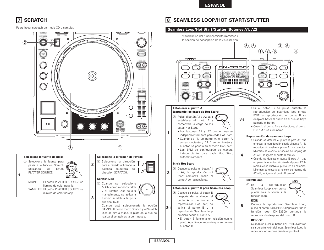 Seamless loop/hot start/stutter, Scratch, Q , w , y r t , y e , y | Qw e, Español, Seamless loop/hot start/stutter (botones a1, a2) | Denon DN-S3500 User Manual | Page 87 / 134