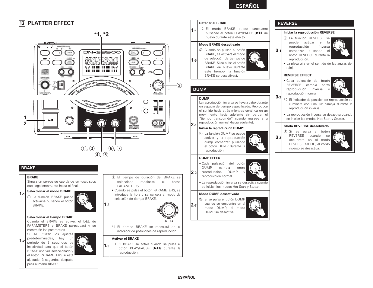 Platter effect, W*1, *2, Y , u r , t q , e ★ 1 ★ 2 | Español | Denon DN-S3500 User Manual | Page 93 / 134