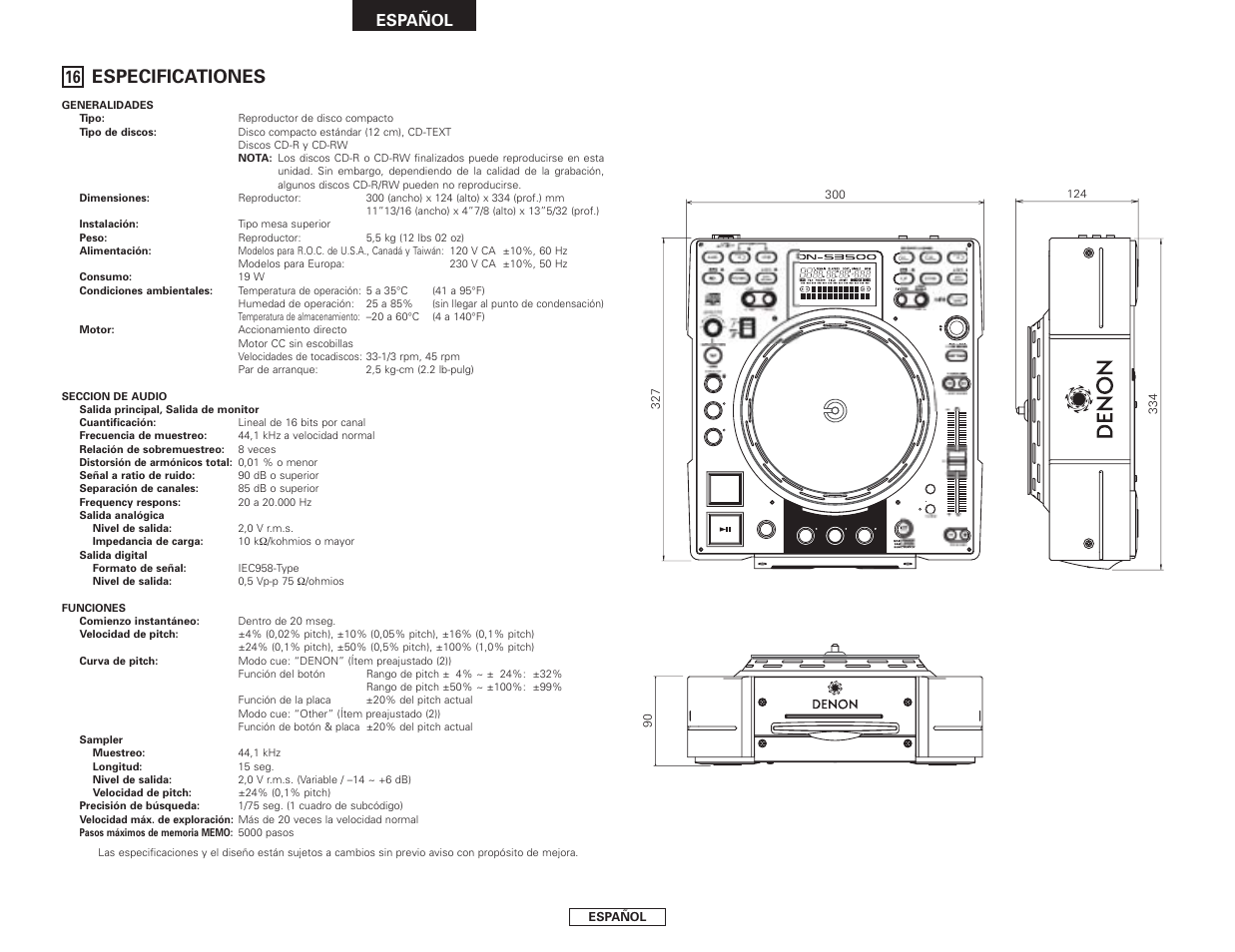 Especificationes, Eject disc, Español | Denon DN-S3500 User Manual | Page 96 / 134
