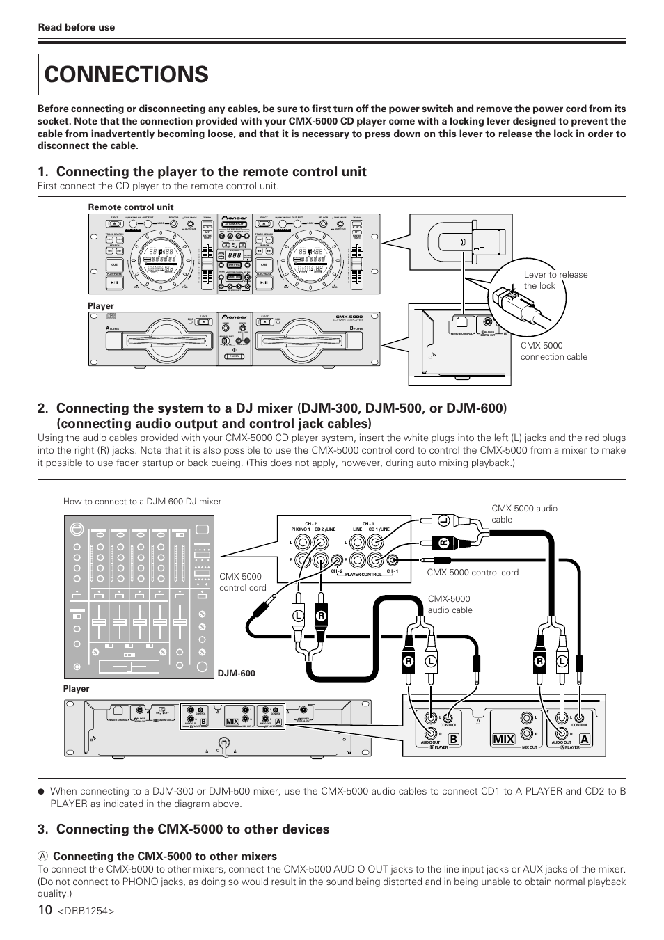 Connections, Connecting the player to the remote control unit, Connecting the cmx-5000 to other devices | A connecting the cmx-5000 to other mixers, Ab mix, Drb1254, Read before use, Track, Ms f, Cmx-5000 control cord | Pioneer CMX-5000 User Manual | Page 10 / 20