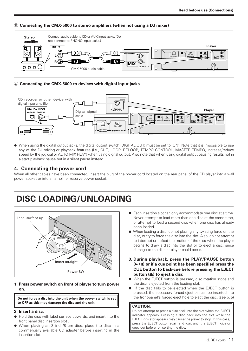 Disc loading/unloading, Connecting the power cord, Insert a disc | Drb1254, Read before use (connections) | Pioneer CMX-5000 User Manual | Page 11 / 20