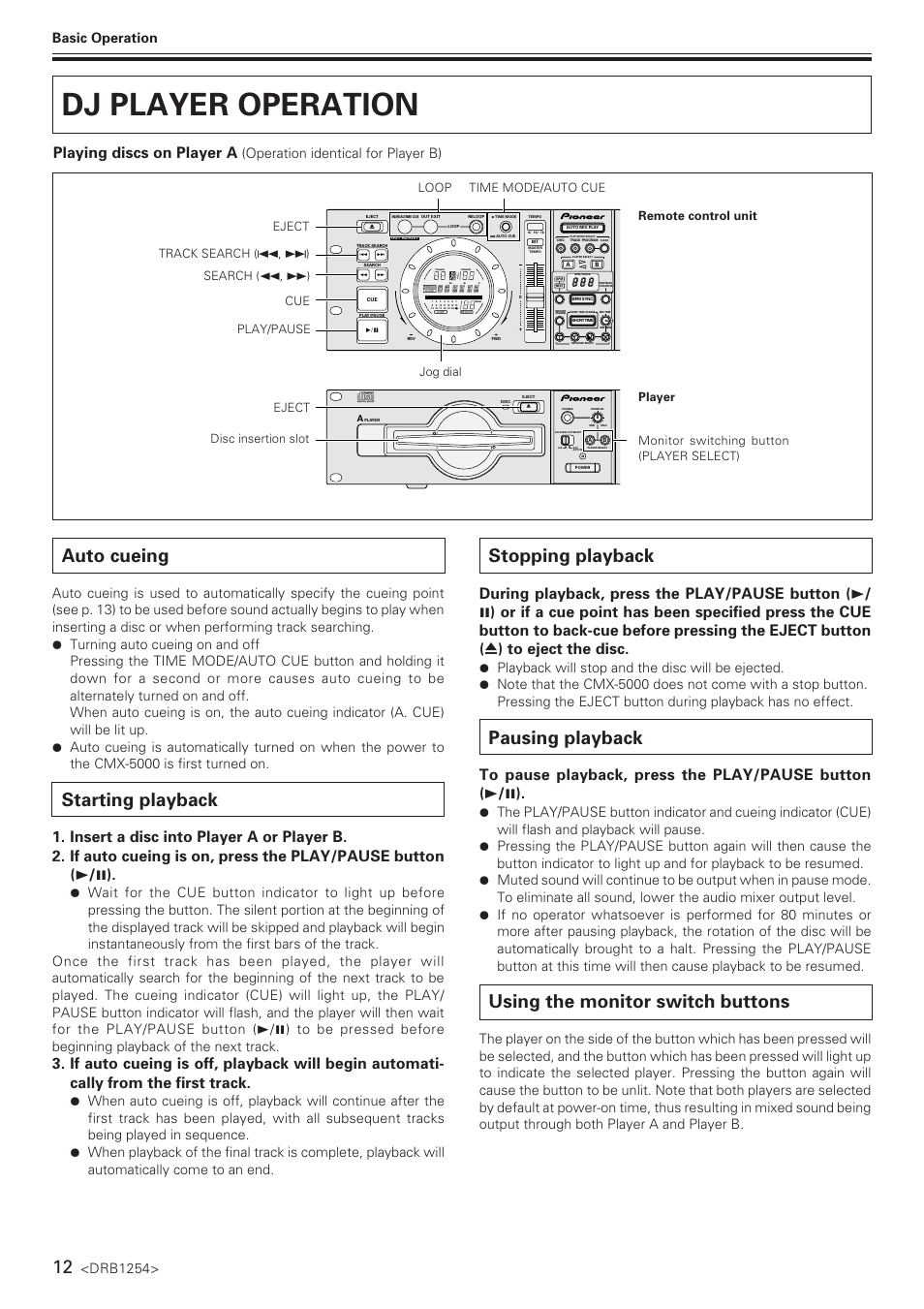 Dj player operation, Auto cueing, Starting playback | Stopping playback, Pausing playback, Using the monitor switch buttons, Playing discs on player a, Drb1254, Basic operation, Operation identical for player b) | Pioneer CMX-5000 User Manual | Page 12 / 20