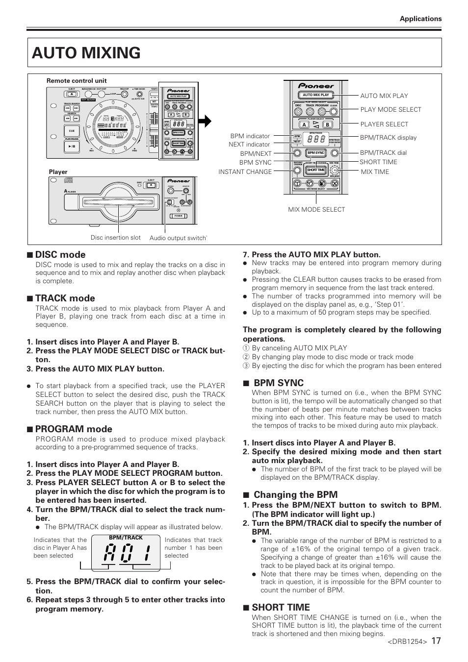 Auto mixing, 7 disc mode, 7 track mode | 7 program mode, 7 bpm sync, 7 changing the bpm, 7 short time, Press the auto mix play button, Drb1254, Track | Pioneer CMX-5000 User Manual | Page 17 / 20