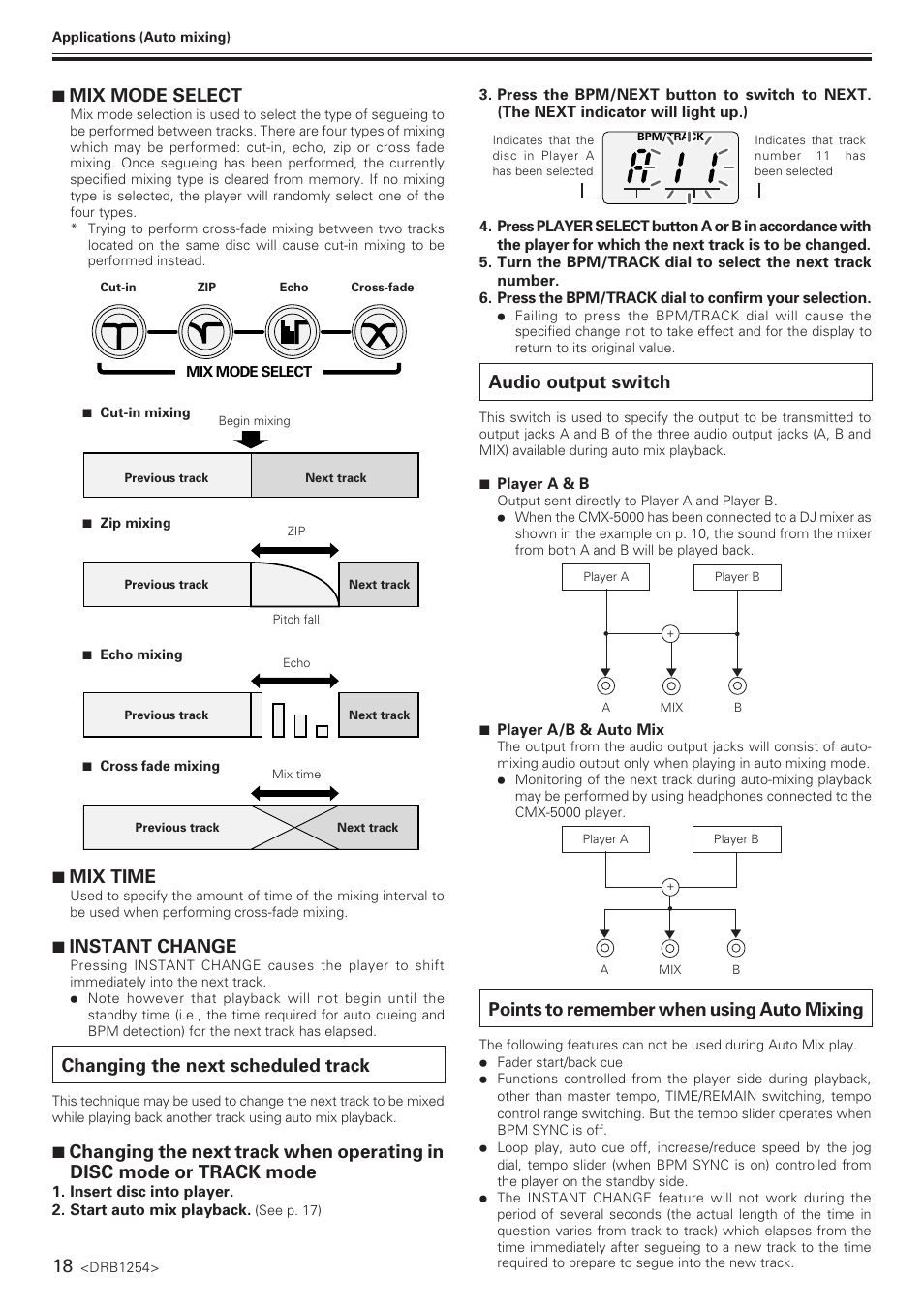 Changing the next scheduled track, Audio output switch, Points to remember when using auto mixing | 7 mix mode select, 7 mix time, 7 instant change | Pioneer CMX-5000 User Manual | Page 18 / 20