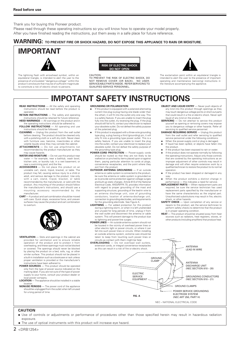 Impotant safety instructions, Important, Warning | Drb1254, Caution | Pioneer CMX-5000 User Manual | Page 2 / 20