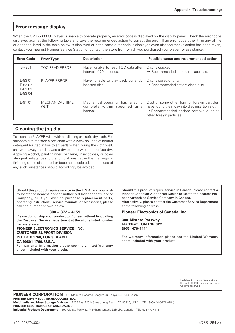 Error message display, Cleaning the jog dial | Pioneer CMX-5000 User Manual | Page 20 / 20