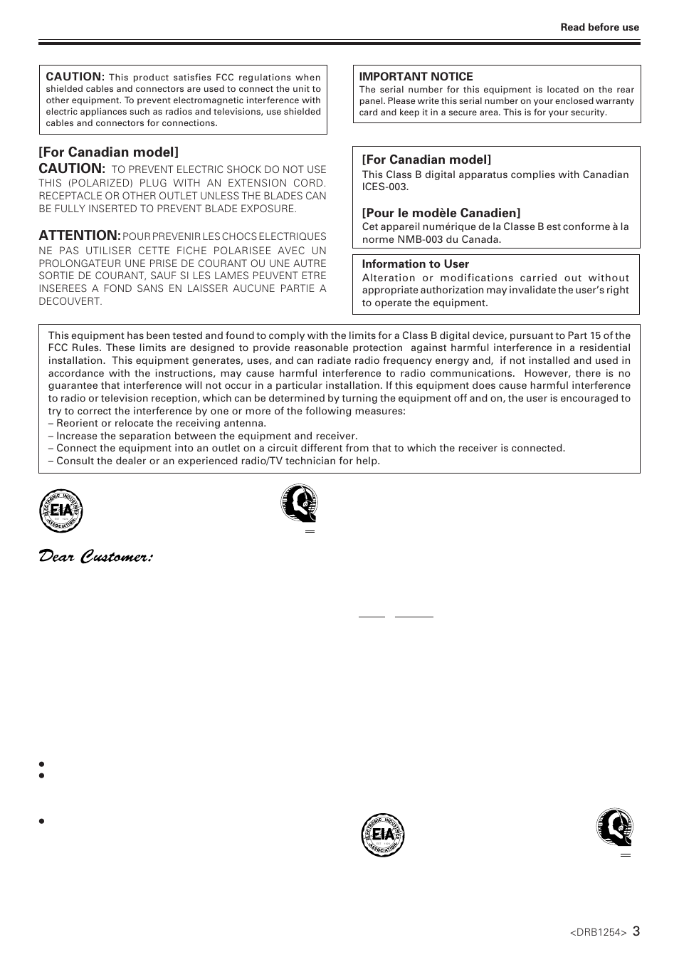 We want you listening for a lifetime, For canadian model] caution, Attention | For canadian model, Pour le modèle canadien, Information to user, Caution, Important notice, Drb1254 | Pioneer CMX-5000 User Manual | Page 3 / 20