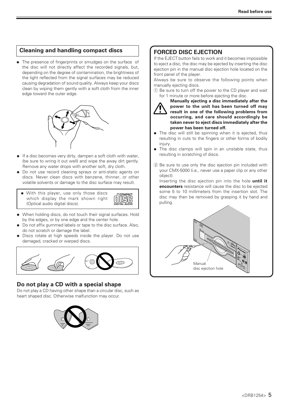 Do not play a cd with a special shape, Forced disc ejection, Cleaning and handling compact discs | Pioneer CMX-5000 User Manual | Page 5 / 20