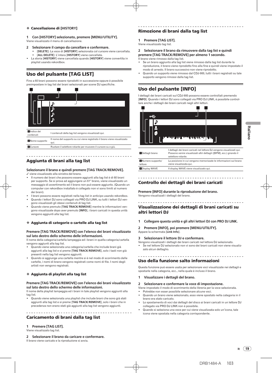 Uso del pulsante [tag list] uso del pulsante [info, Uso del pulsante [tag list, Uso del pulsante [info | Pioneer CDJ-900 User Manual | Page 103 / 198