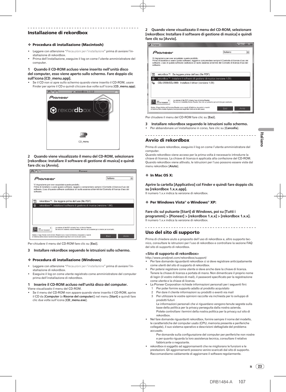 Drb1484-a, Avvio di rekordbox, Uso del sito di supporto | Pioneer CDJ-900 User Manual | Page 107 / 198