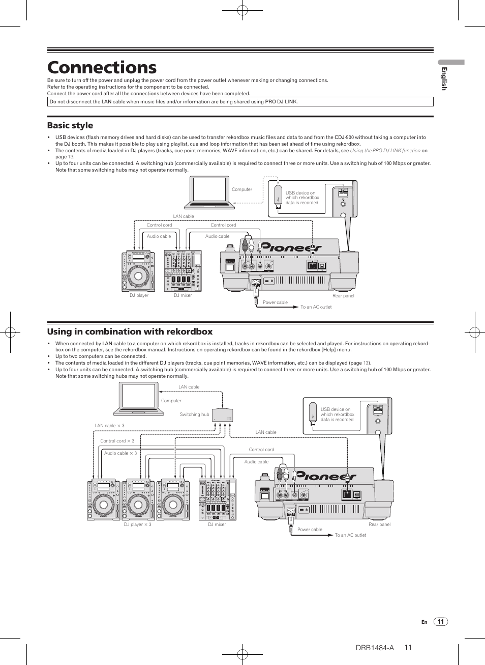 Connections, Basic style using in combination with rekordbox, Basic style | Using in combination with rekordbox, Drb1484-a, English | Pioneer CDJ-900 User Manual | Page 11 / 198