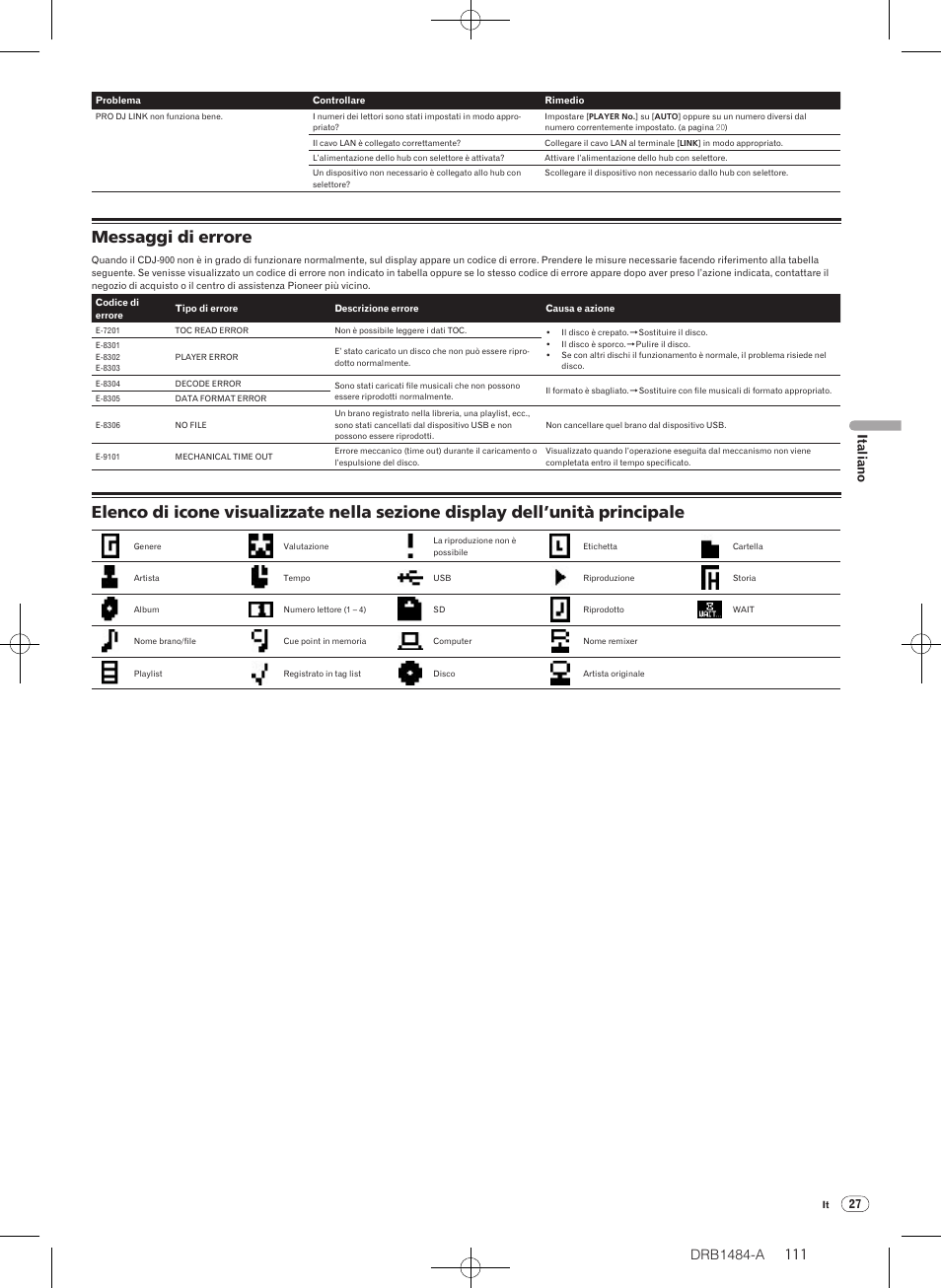 Messaggi di errore, Drb1484-a | Pioneer CDJ-900 User Manual | Page 111 / 198